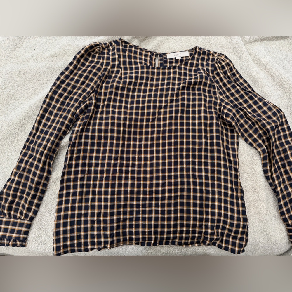 Loft Blue Gold Shimmer Plaid Pleated Blouse Boho Peasant Rayon Women Small